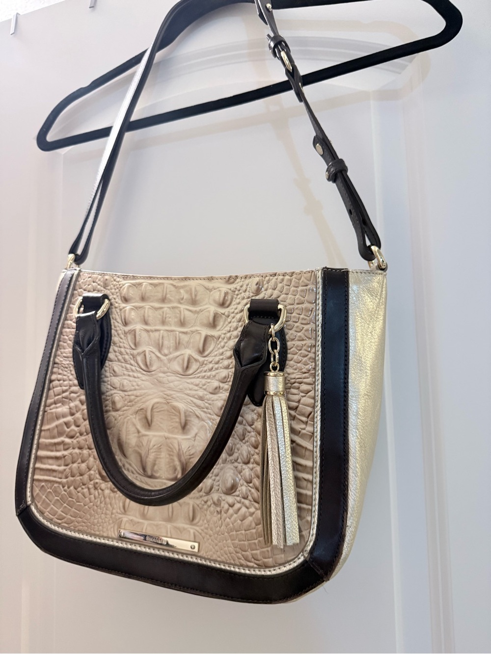 Brahmin Chic Embossed Handbag with Tassel - Beige & Black